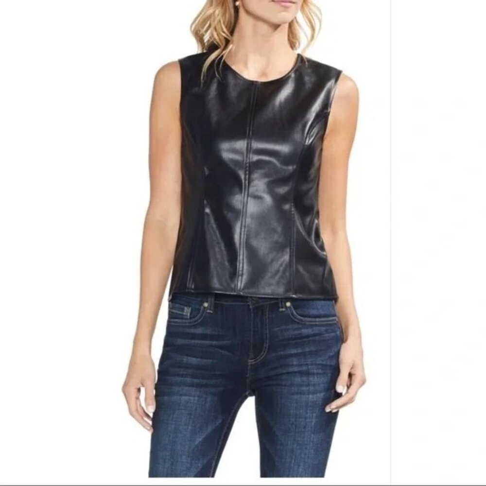 Vince Camuto S Faux‎ Leather Sleeveless Top Dark Green Black